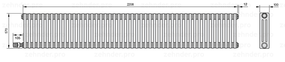 Схема (чертеж) Радиатор Zehnder Charleston 3057/48 №V004 Technoline TL